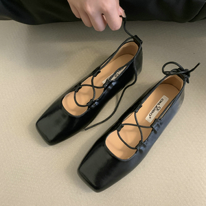 2024年新款单鞋小众罗马鞋学院风百搭绑带浅口系带交叉韩系芭蕾鞋