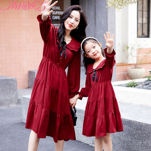 长袖母女春装亲子连衣裙公主裙甜美收腰显瘦韩版中长款法式红裙子