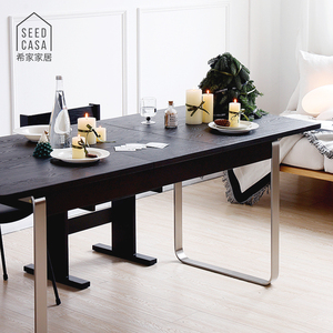 seedcasa实木餐桌长方形饭桌家用小户型可伸缩复古原木黑色桌子