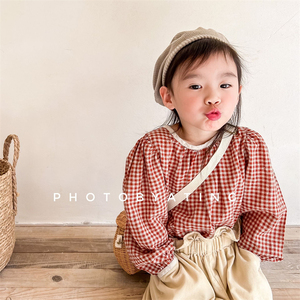 韩范百搭！女童韩版格子棉麻衬衫春秋中小童打底衫女宝宝时髦衬衣