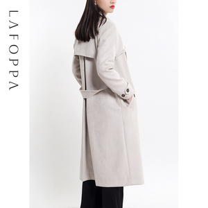 LAFOPPA 秋冬季风衣女长款过膝气质通勤纯色修身焦糖色麂皮绒外套