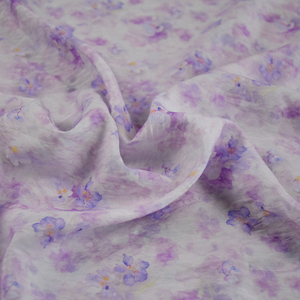 梦幻紫色花朵印花天丝棉混纺面料春夏旗袍裙子汉服布料丝滑柔软垂