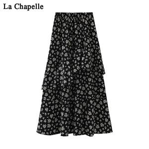 拉夏贝尔法式黑色碎花半身裙女夏季高腰a字中长款双层雪纺蛋糕裙