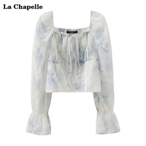 拉夏贝尔法式方领蓝色碎花衬衫女装夏季复古系带雪纺小衫长袖上衣
