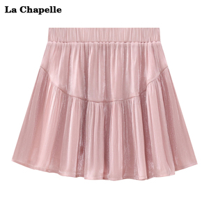 拉夏贝尔粉色流光纱短裙半身裙女夏季小个子高腰百褶雪纺蛋糕裙子