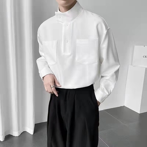春季立领白衬衫男长袖个性简约系扣设计感韩版套头工装衬衣发型师