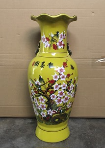 潮州陶瓷陶之坊摆饰家居装饰台面陶瓷小花瓶j高46厘米黄釉报春图