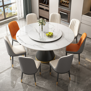 岩板餐桌椅组合2024新款家用现代简约轻奢大理石圆桌带转盘饭桌子