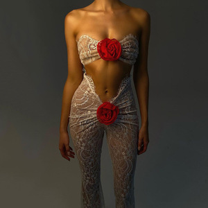欧美设计感蕾丝透视立体花朵装饰镂空性感抹胸连体衣长裤ins纯欲