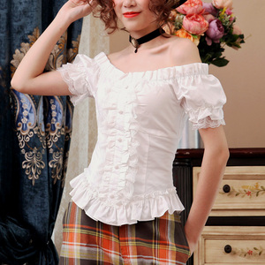 【Lace Garden】+白玫瑰+蕾丝一字肩短袖白衬衫棉lolita内搭现货