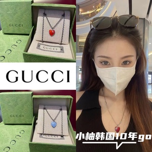 韩国直邮Gucci/古驰古奇项链珐琅小红心蓝爱心双G纯银复古锁骨链