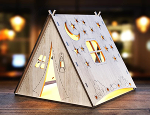 木质帐篷造型小夜灯3D拼图激光切割桌面灯罩摆件CDR/SVG/DXF/SVG