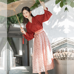 新中式古典少女红色上衣碎花裙子春秋汉元素日常仙气国风两件套装