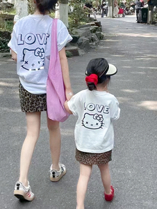 女童套装夏季2024新款韩版童装卡通猫咪短袖T恤母女装豹纹短裙潮