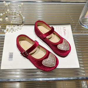 新年红色单鞋女童春季韩版金丝绒公主皮鞋儿童软底奶奶鞋宝宝皮鞋