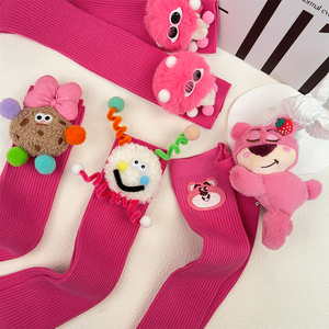 草莓熊袜子女童粉色多巴胺玫红色中筒袜可爱搞怪玩偶袜童袜小腿袜