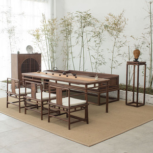 老榆木茶桌椅组合新中式实木茶台黑胡桃木罗汉床现代禅意桌椅家具