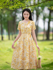 纻衣黄色苎麻印花连衣裙女2024夏季新款女装原创设计文艺显瘦长裙