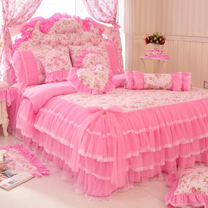 纯棉韩版公主 全棉梦幻床裙3四件套粉色婚庆床上用品蕾丝被套包邮