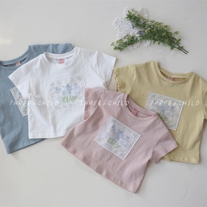 THREEs CHILD 韩国童装代购 儿童夏季字母碎花贴布短袖T恤flo