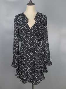 Vintage 古着正品90年代中古黑色波点中长款长袖斜襟连衣裙