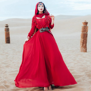 青海湖云南旅游裙子超仙海边沙漠红裙草原胡杨林拍照民族风连衣裙
