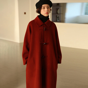 韩版复古红色赫本茧型单面羊绒大衣女中长款牛角扣羊毛呢子外套冬