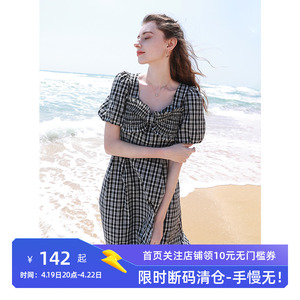 低价清仓！三彩女装2023夏季新款复古方领格纹连衣裙法式优雅少女