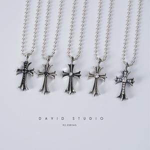 David studio925纯银 手工镶钻黑钻十字架 男女款项链 坠子潮饰品