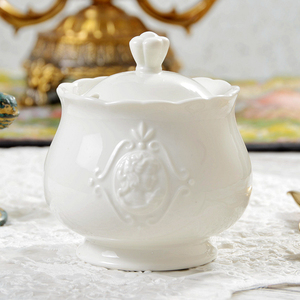 欧式宫廷风轻奢浮雕陶瓷白色糖罐送一瓷勺 餐饮纯色调味罐 瑕疵