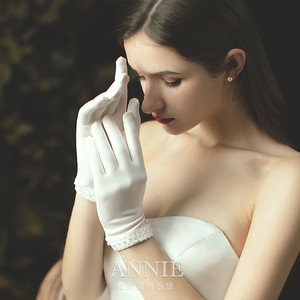 欧美缎面蕾丝钉珠边米白色结婚新娘手套弹力婚纱礼服手套短款复古