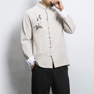 秋季中国风仙鹤刺绣唐装复古长袖对襟衬衫男中式盘扣古装汉服上衣
