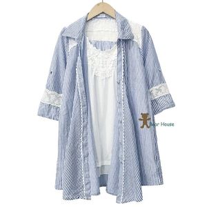 日单日系女春夏axes甜美纯棉五分袖蕾丝条纹假两件中长款衬衫上衣
