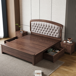 乌金木全实木床轻奢真皮软包1.8米双人床新中式现代简约储物大床