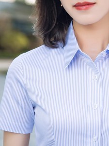 夏季蓝色条纹衬衫女短袖V领工装工作服职业平方领衬衣领棉质半袖