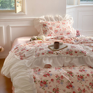 韩国复古浪漫碎花全棉牛奶绒四件套冬季珊瑚绒公主风床裙床上用品