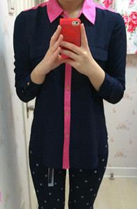 上海现货 Juicy couture 粉蓝 撞色 翻盖双口袋 真丝衬衫 特价