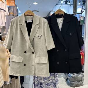 韩国代购大码女装2024夏季新款纯色后开叉双排扣质感中袖西装外套