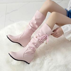 2023新款甜美女靴子秋冬季中筒靴内增高粉色中靴学生系带白色女鞋