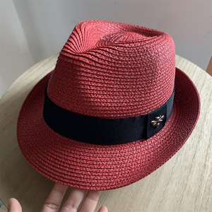 红色礼帽女夏季复古爵士卷边草帽时尚防晒遮阳帽蜜蜂草编帽子女款