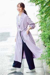 日系女装春款春天色彩熏衣紫 经典米黄色长款收腰风衣有腰带