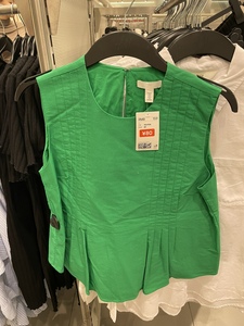 HM女装专柜正品 绿色/白色娃娃衫款棉质背心上衣1091966