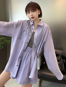 运费险 韩版chic高级感休闲紫色衬衫外套女春秋薄款防晒长袖衬衣