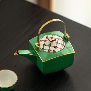 日本进口藏珍窑 萌葱描金绿釉提梁茶壶陶瓷茶杯茶具套装长辈送礼