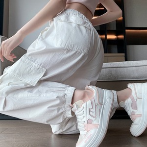 美式白色工装裤子女夏季薄款抽绳高腰显瘦宽松束脚休闲九分运动裤