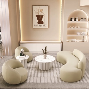 北欧简约现代异形美容院客厅商铺设计奶油风大厅休闲布艺弧形沙发