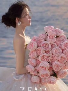 湿感奥斯汀玫瑰花仿真影楼婚纱摄影道具新娘手捧花粉色大束玫瑰花