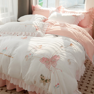 韩版纯棉少女心床罩四件套春季网红款全棉公主风带花边被套床裙式