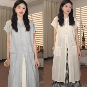 2024夏季新款韩版条纹肌理长衫女气质设计感开叉中长款衬衫连衣裙
