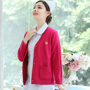 护士毛衣女外套开衫2023新款加绒加厚玫红色外搭医院人员工服大码